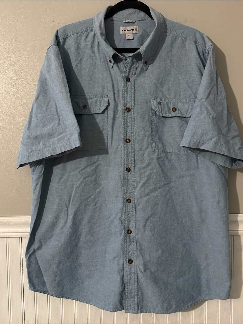 Carhartt Work Shirt Men’s 2XL Tall Blue Chambray Short Sleeve Denim Button Down